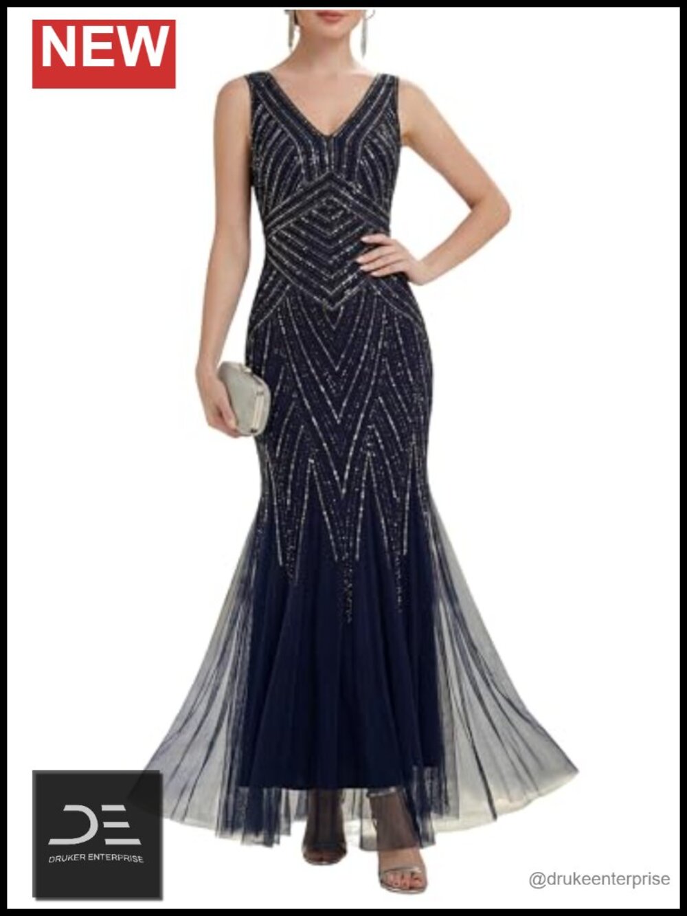 Sequin V-Neck Sleeveless Floor Length Mermaid Formal Evening Dress